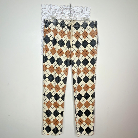 PACSUN size Slim MEDIUM Argyle Pattern Corduroy PANTS Elastic Waist TAN GRAY - Picture 1 of 16